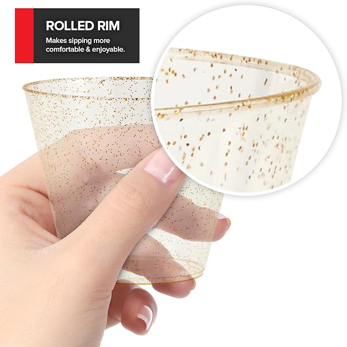 Stock Your Home 9oz Gold Glitter Plastic Cups (100 Pack), Elegant Party Cups for Birthday Parties, Weddings, and Holidays, Fancy Disposable Cocktail Glasses, Clear and Gold, Bulk Wine and Mimosa Cups