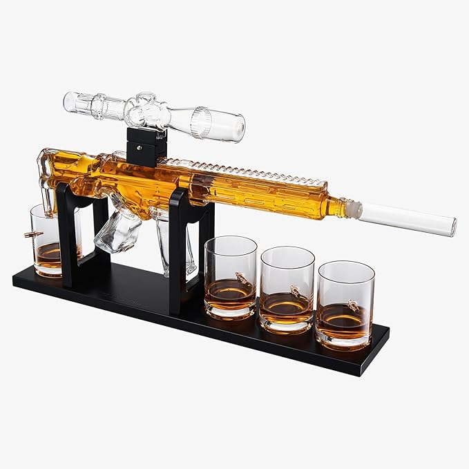 AR15 Whiskey Decanter Set – Limited Edition with Silencer Stopper 640ml Rifle Decanter & 4 Bullet Glasses (310ml) Handmade Gun Liquor Set, TikTok Bar Trend Unique Father’s Day Gift for Dad, Him, Men