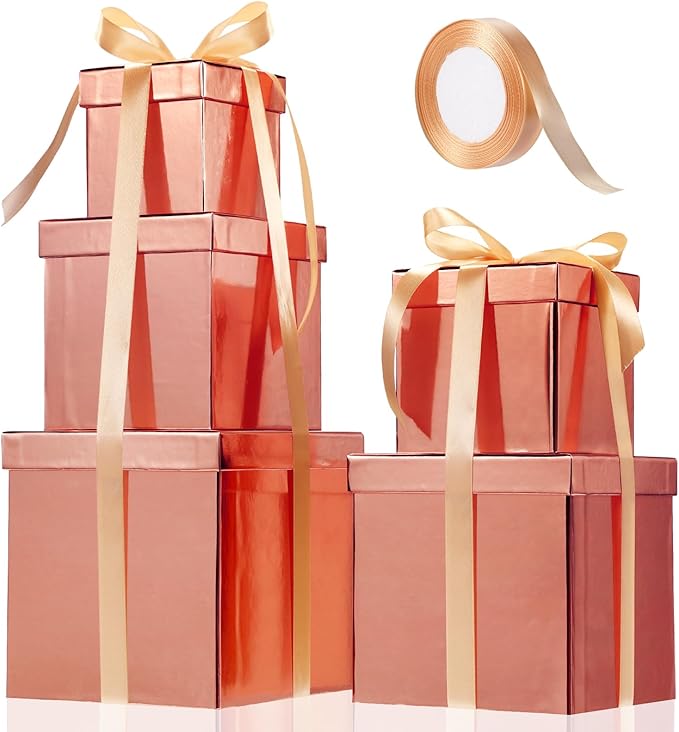 Cholemy 5 Pcs Square Nesting Boxes Decorative Gift Boxes with Lid and Ribbon Assorted Sizes Wrap for Wedding, Carnival, Anniversary, Birthday, Bridal Shower Party Gifts(Shiny Rose Gold)