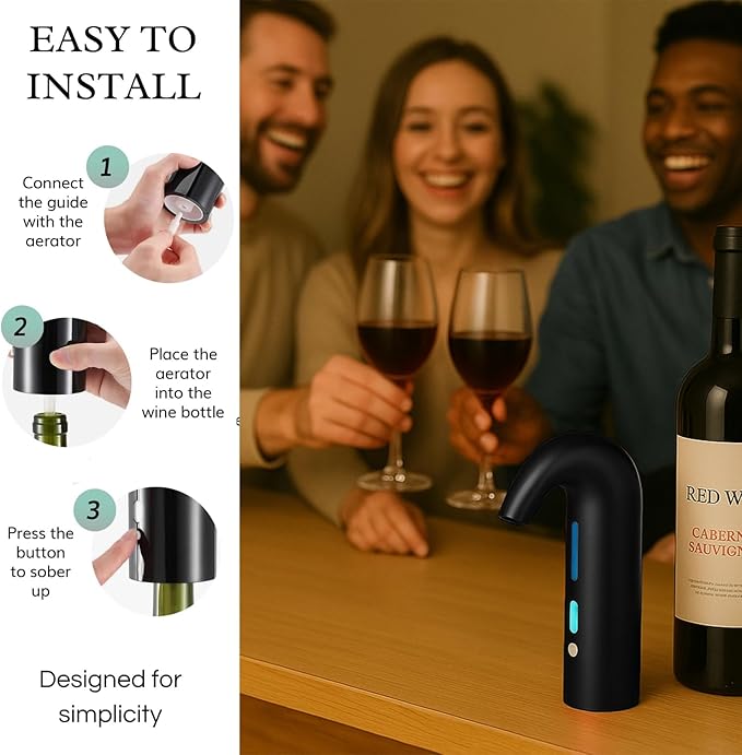 Electric Wine Aerator Dispenser Opener - Portable Accessory - Red & White Wines, Touch Activated Aeration For Wine and Spirit - Beginner and Enthusiast - Spout Pourer - Wine Gifts (BLACK)