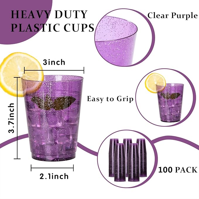 DaYammi 100 Pack 10 oz Purple Plastic Cups- Disposable Cups Tumblers, Elegant Purple Glitter Party Drinking Cup Perfect for Wedding Purple cups Perfect for Mother's Day Party Wedding