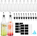 Dandat 24 Pieces 32 oz Plastic Long Neck Bottles with Pourer and Caps Plastic Juice Pour Bottles with Stainless Steel Pourers Tapered Spout for Liquor (Silver)