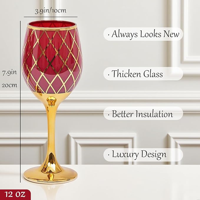 Gold Rim 12oz Wine Glasses, Set of 2 Insulated Glass, Long Stem, Holiday Cheer, Thanksgiving, Christmas Gift