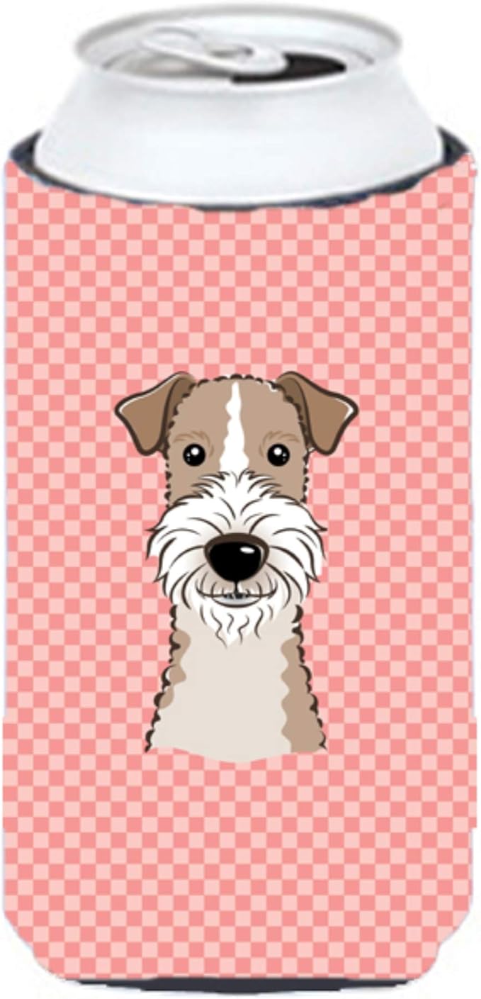 Caroline's Treasures BB1247TBC Checkerboard Pink Wire Haired Fox Terrier Tall Boy Hugger Can Cooler Sleeve Hugger Machine Washable Drink Sleeve Hugger Collapsible Insulator Beverage Insulated Holder