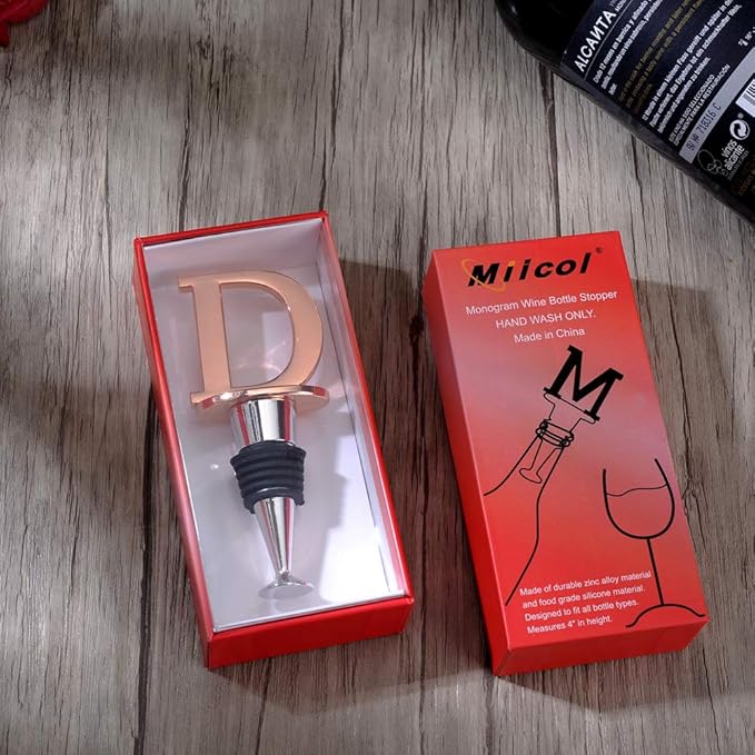Miicol Wine Stopper, Prosecco Topper, Wine Bottle Stopper, Personalised Champagne Stopper, Rose Gold Wine Accessories, Wine Lovers Gift, Monogram Gift, Letter D