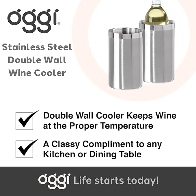 OGGI Stainless Steel Double Wall Wine Cooler - Insulated Tabletop Chiller for White Wine & Champagne, Fits Most Standard Sized Bottles (Pack of 6)
