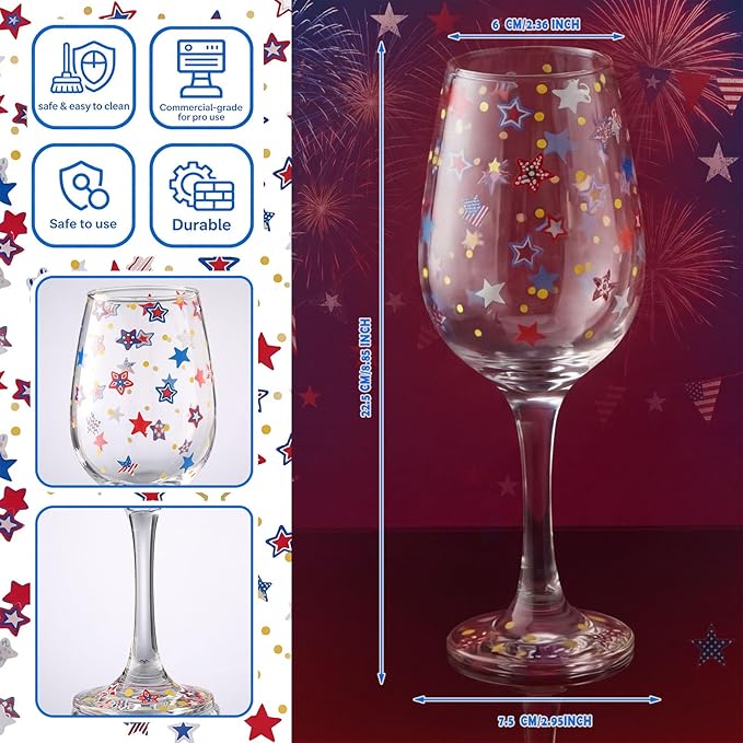 SiliFine 4 Pcs 4th of July Party Stemmed Wine Glasses Hand Painted USA Star Drinking Cup Wine Glasses Gifts for Independence Day Patriotic Theme Holiday Supplies