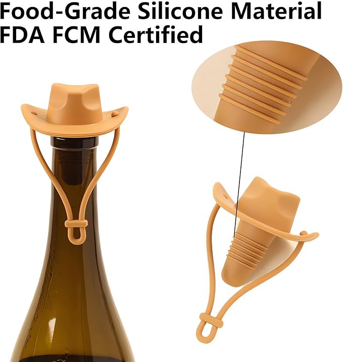 Silicone Wine Stoppers, Cowboy Hat Wine Bottle Stopper Sealer, Keeps Fresh for 15 Days, Home Decoration and Winer's Gifts (4, Coffee+Red+Light Brown+Green)
