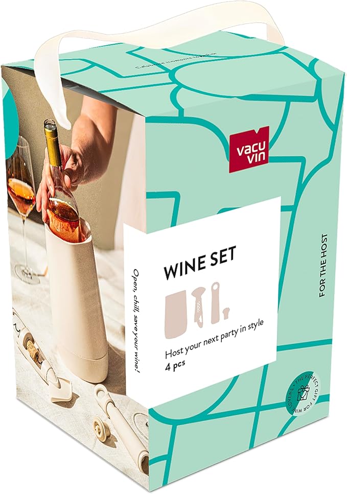 Vacu Vin Host Wine Set – Sand (4-Piece) – Gift-Worthy Wine Accessory Bundle with Cooler, Vacuum Saver, Twister Corkscrew & Drip-Free Server – Made from Recycled Material