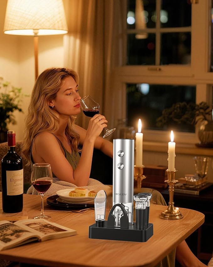 CIRCLE JOY Electric Wine Opener Rechargeable, 6-in-1 Stainless Steel Electric Cordless Wine Bottle Opener with Pourer & Foil Cutter, 2 Vacuum Preservation Stoppers and Base, Gift for Home, Party, Bar