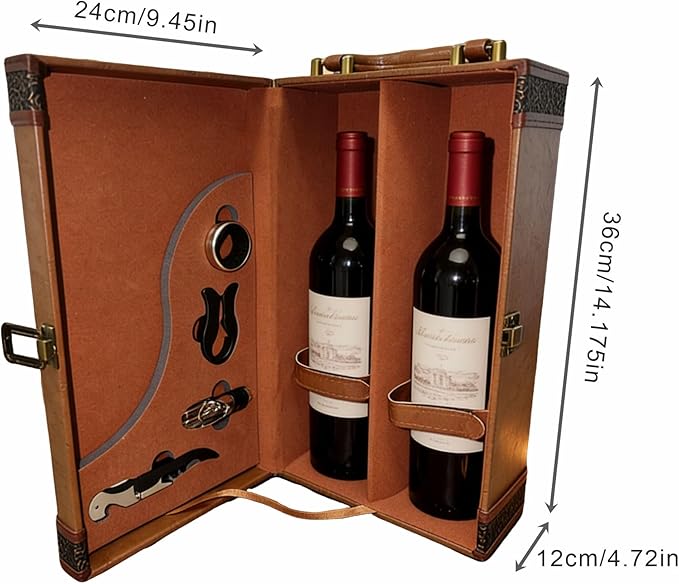 Wine Gifts Box with 4 Wine Accessories Set & Storage Box, 2-Bottle Tote Carrier Case for Wedding, Christmas, Party, Collection & Home Bar Decor (Brown)