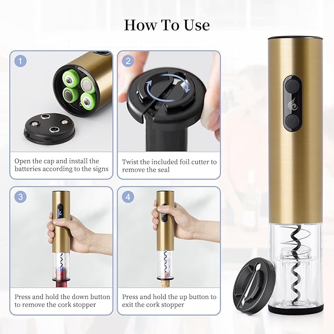 Battery Operated Electric Wine Opener by ELMWAY - Stainless Steel Electric Corkscrew with LED Light & Foil Cutter, Simple Push-Button Operation for Wine Lover (Gold, 4 x AA Not Included)