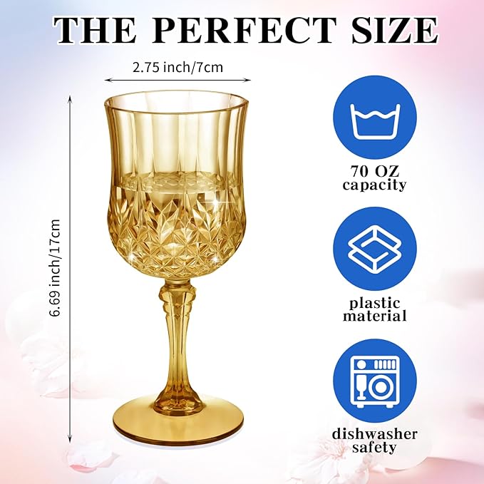 7OZ Plastic Wine Glasses, Disposable Goblets Drinking Glasses Crystal Vintage Water Cups Unbreakable Champagne for Wedding, Parties, Valentine's Day (Yellow)
