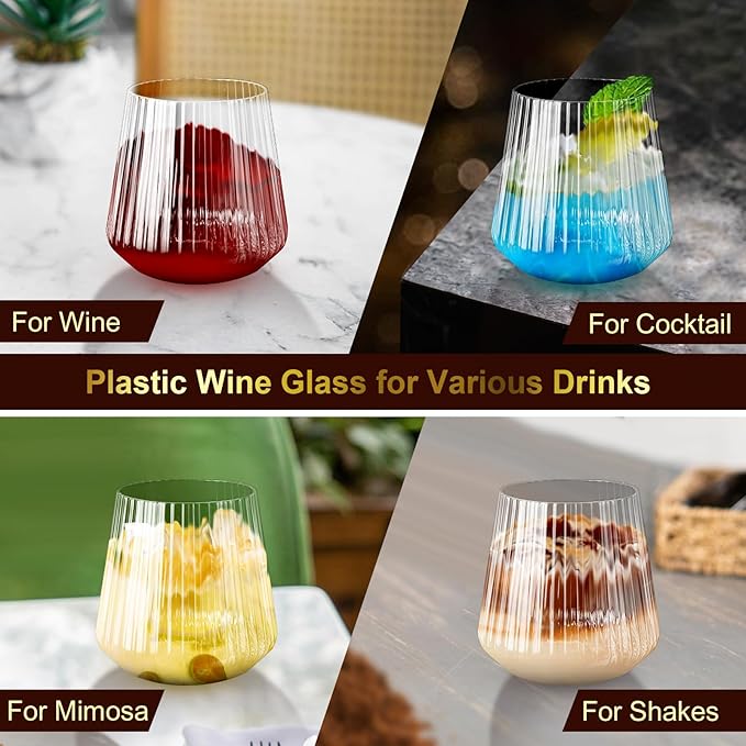 Lueumxc 20 Pack Plastic Ribbed Wine Glasses, 14Oz Origami Disposable Wine Glasses Unbreakable Clear Plastic Cocktail Glasses Recyclable Shatterproof Reusable Wine Cups