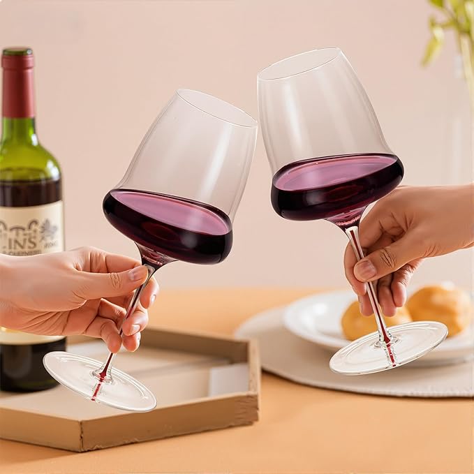 KAMMAK Wine Glasses Set of 2, 24.69 oz Hand Blown Crystal Bordeaux Wine Glasses, Thin Rim & Long Stem, Perfect for Red & White, Daily Use, Wedding or Birthday Gift with Gift Box, Clouds Red
