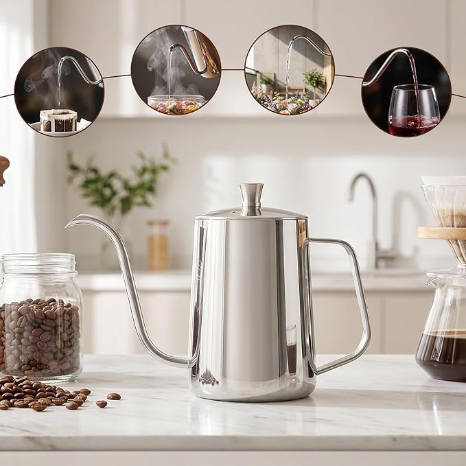 PARACITY Pour Over Kettle with Lid, Gooseneck Spout Coffee Tea Pot with Lid,20oz Hanging Ear Hand Blunt Long Narrow Drip Cup Gooseneck Kettle, Camping Coffee Pot for Travel Outdoor(Stainless Steel)