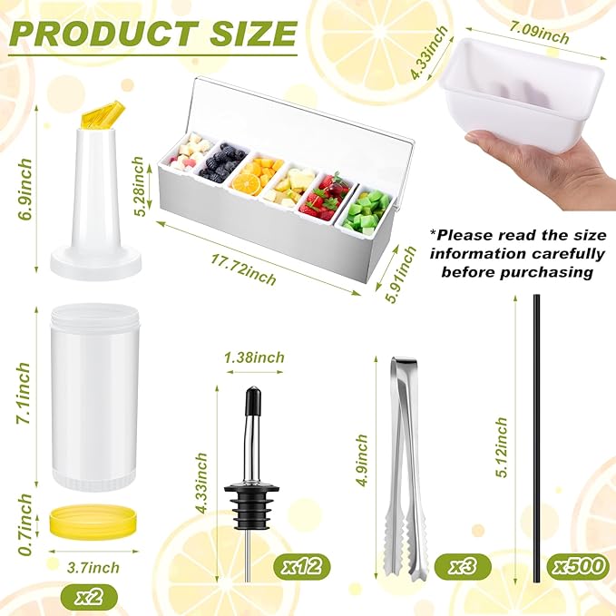 Mifoci Bartending Supplies 6 Compartments Garnish Tray with Lid Bar Caddy 3 Tier Glass Rimmer Stainless Steel Bottle Pourers Juice Pouring Cocktail Tools Stainless Steel Serving Accessories