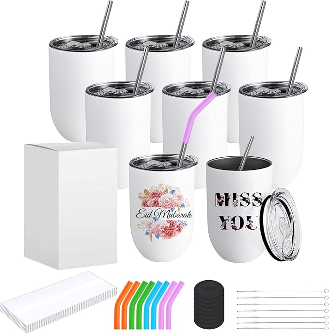 ColorSub Sublimation Wine Tumblers 12oz, 16 Pack Stainless Steel Double Wall Sublimation Blanks Wine Cups with Lids & Straws, Brush, Shrink Wrap, Silicone Straw Tips, Gift Box (Straight 8 Pack)
