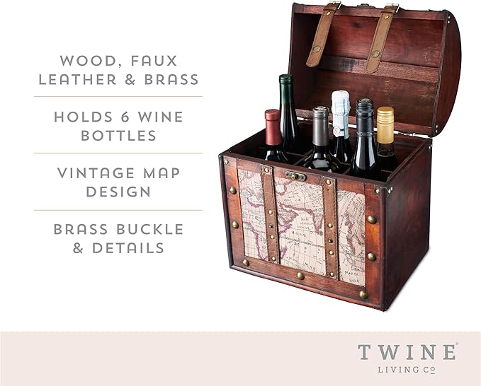 Twine Old World 6 Wooden Wine Bottle Gift Box - Wine Decorative Storage Box with Lid and Handle, Wine Accessory Sets, Wood, Faux Leather in Antique Map Design Liquor Gift Box