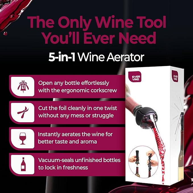 Evervino Wine Opener Aerator Vacuum Pump - 5in1 Wine tool(Black)