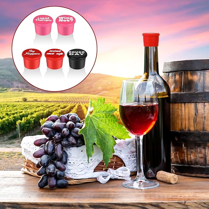 Qianyu 5 Pack Funny Silicone Wine Stoppers Accessories for Wine Lovers Gifts Reusable Bottles Cover Caps Replace Wine Saver Bottles Corks Airtight Seal Decorative To Preserve Fresh