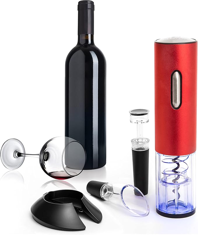 Moss & Stone Electric Wine Opener Set, Corkscrew Remover With USB Charging, Wine Bottle Opener with Wine Pourer, Foil Cutter & Vacuum Stopper, Automatic Wine Opener For Wine Lovers (Red)