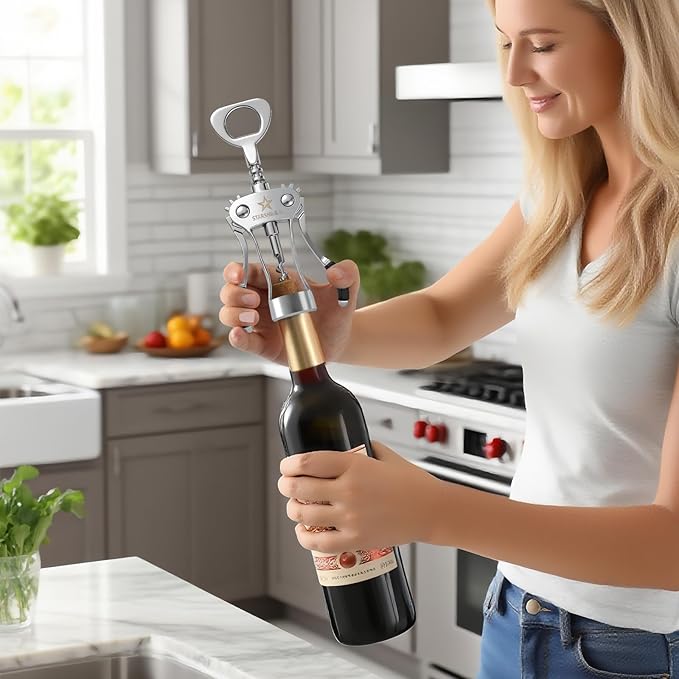 Wine Opener,Heavy-Duty Zinc Alloy Wing Corkscrew Manual Wine Bottle Opener with Sharp Spiral Screw for Sommeliers Wine Lovers,Polished Silver