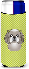 Checkerboard Lime Green Shih Tzu Ultra Beverage Insulators for slim cans