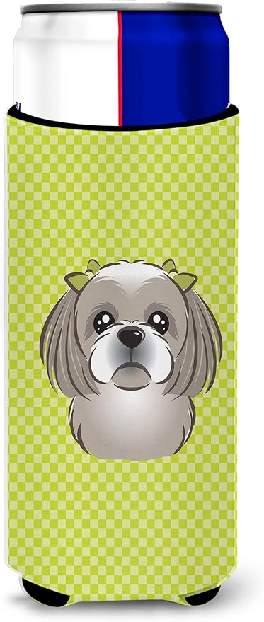 Checkerboard Lime Green Shih Tzu Ultra Beverage Insulators for slim cans