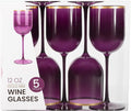 Plastic Wine Glasses Set of 5 Elegant Wine Goblets Hard Plastic Wine Cups on Stem 12 Ounce (Purple with Gold Rim, 5)