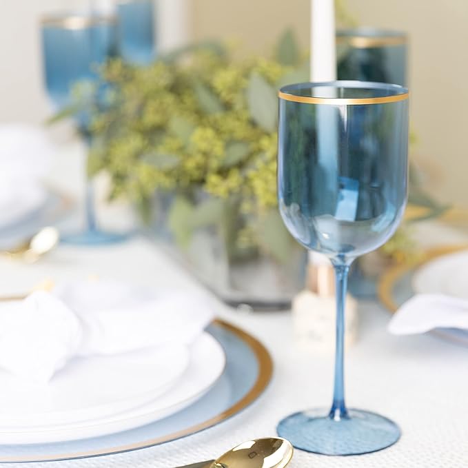 PLASTICPRO Blue Wine Cup with Gold rim Plastic Wine Glasses Set of 5 Elegant Wine Goblets Hard Plastic Wine Cups on Stem 12 Ounce