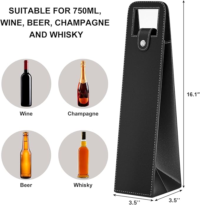 RYDDOY Wine Gift Bag, Reusable Leather Wine Tote Carrier, Single Bottle Champagne Beer Gift Bags Carrier for Birthday, Wedding, Picnic Party, Christmas festival Gifts (Black)