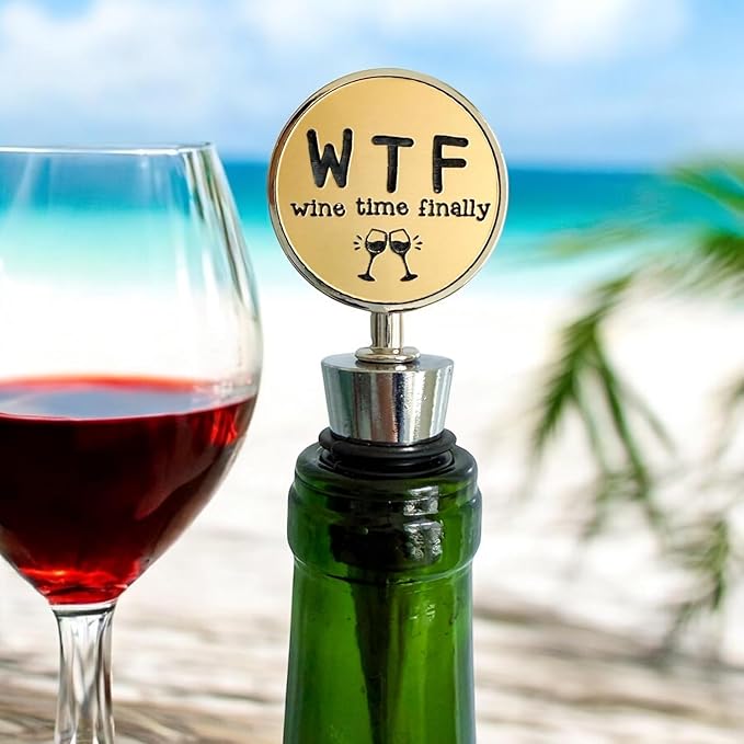 Jazzy Jade Designs Funny Wine Stopper - “Wine Time Finally!” Laser Engraved Zinc Alloy & 100% Food-Grade Rubber Bottle Stopper - Cute Wine Gift & Bar Accessory, Made in USA by Small Business