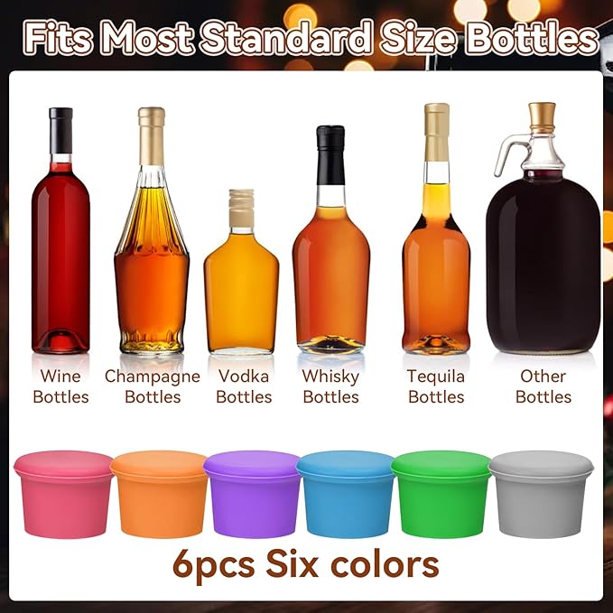 6 Pcs Colorful Wine Stoppers, Reusable Silicone Wine Corks, Champagne Stoppers, Beverages Beer Bottle Caps, Wine Bottle Stoppers for Glass Bottles, Keep Wine Fresh