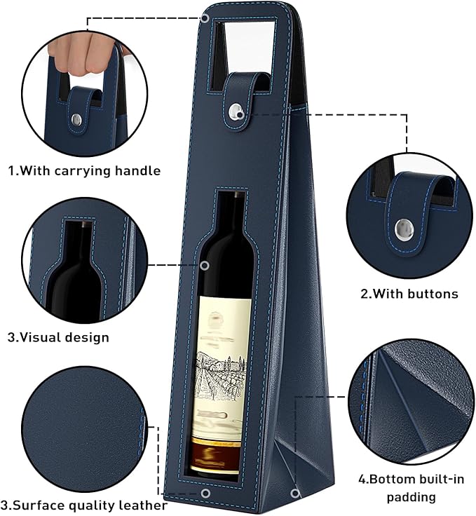 RYDDOY Wine Gift Bag, Reusable Leather Wine Tote Carrier, Single Bottle Champagne Beer Gift Bags Carrier for Birthday, Wedding, Picnic Party, Christmas festival Gifts (Blue)