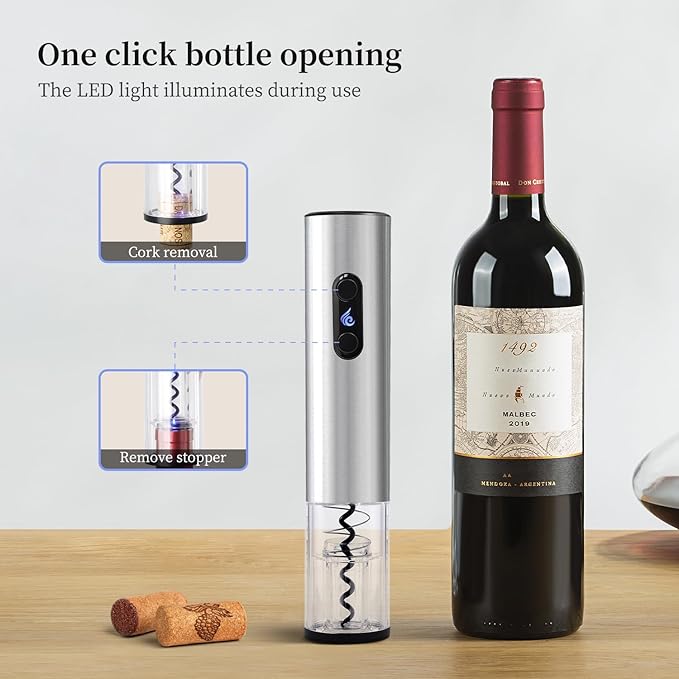 Battery Operated Electric Wine Opener by ELMWAY - Stainless Steel Electric Corkscrew with LED Light & Foil Cutter, Simple Push-Button Operation for Wine Lover (Silver, 4 x AA Not Included)