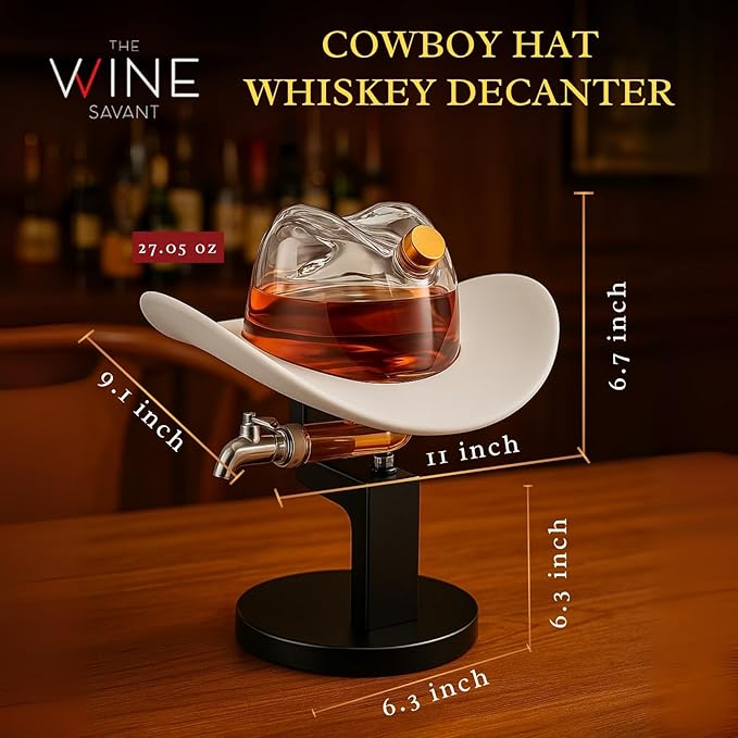 Western Cowboy Hat Decanter – 27oz Clear Glass Whiskey & Liquor Bottle | Premium Bar Display for Home, Lounge, or Man Cave Gifts, Rustic Collector Drinking - Great Gift Him Men, Dad, or Western Fans