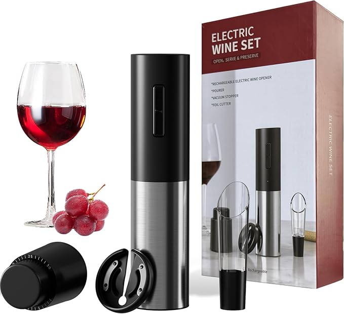 Electric Wine Opener, Automatic Wine Bottle Corkscrew with Air Pump, Foil Cutter, Pourer, Vacuum Stoppers (4PCS)， Professional Easy Rechargeable Vino Opener Set Suitable for Home, Travel