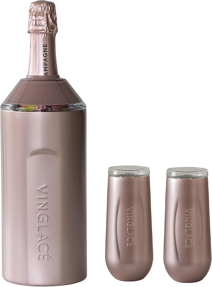 Vinglacé Champagne Bottle Chiller Gift Set- Portable Stainless Steel Sparkling Wine Cooler with 2 Stemless Champagne Flutes, Rose Gold