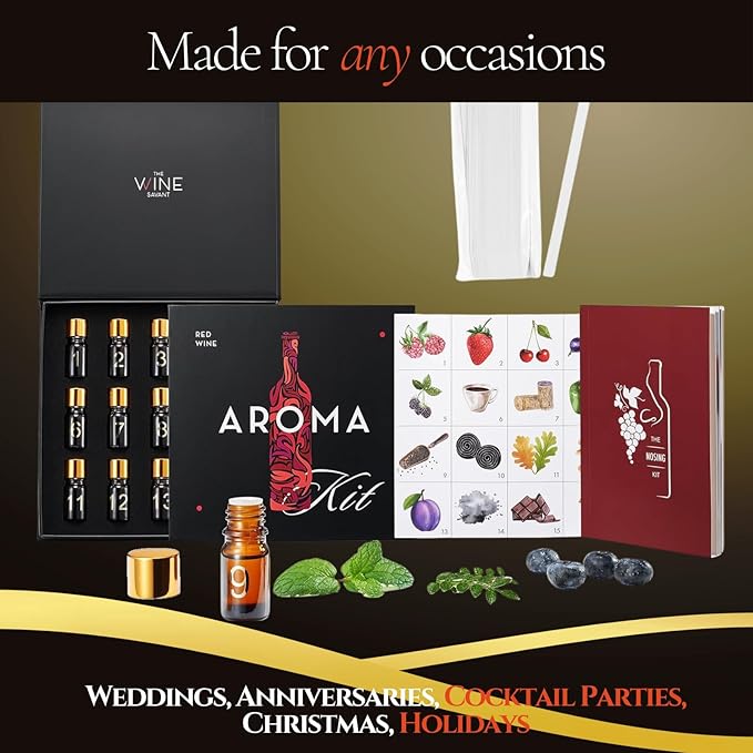 Red Wine Aroma Kit, Tasting & Smelling Aroma Set for Red Wines, 15 Aromas, Training Educational Gift - Beginners & Sommelier Master, Book & Accessories Guide Included