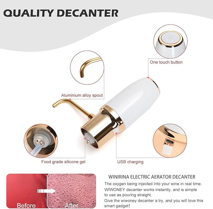 Automatic Wine Aerator Pourer Spout, Wine Air Aerator Pourer, Red Wine Aerator, Electric Wine Decanter with Aerator USB Rechargeable, Gifts idea for Wine Lovers White & Gold