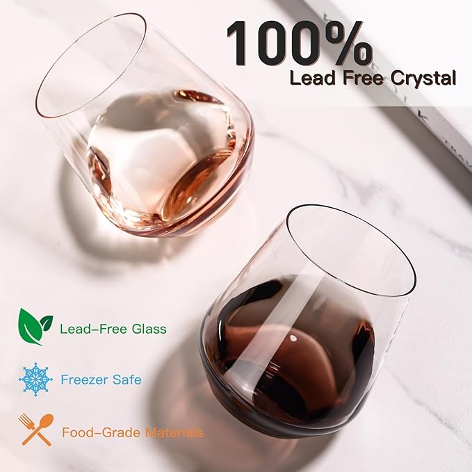 JOVGANK Venus Stemless Wine Glasses Set of 6 - Hand Blown Amber Stemless Wine Glass - 17 oz, [Lead-Free Crystal Glass] Large Short Glass Tumblers, Housewarming Gifts and Mother's Day Gift