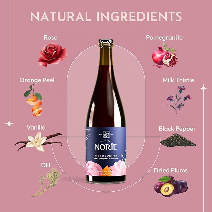 Norïe Red Rose Whisper – Award-Winning Non-Alcoholic Sparkling Blend crafted from Roses, Pomegranate & Organic Fermented Milk Thistle | Bold & Romantic Non-Alcoholic Drink 750 ml
