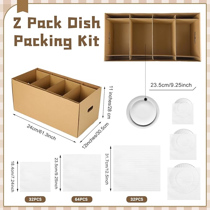 4 Sets Kitchen Moving Boxes with Handle 24 x 12 x 11 Inches Wine Glass Packing Moving Boxes Dish Saver Kit Kitchen Kit with Lid and Divider Foam Pouches for Glassware Packing Transportation