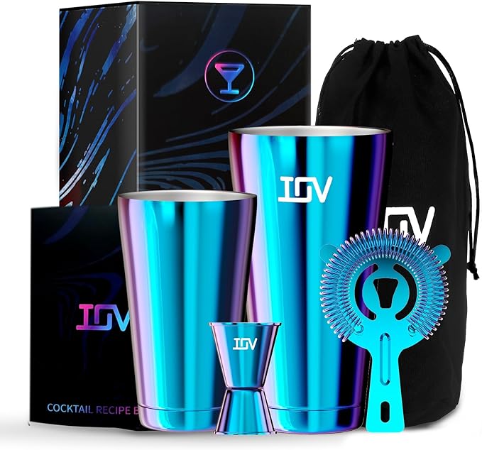 IOV Boston Cocktail Shaker Bar Set, Bartender Kit Drink Mixer Set with 18 oz & 28 oz Boston Shakers, Hawthorne Strainer, Double Jigger, Bar Tool Kit and Recipe Booklet - Rainbow