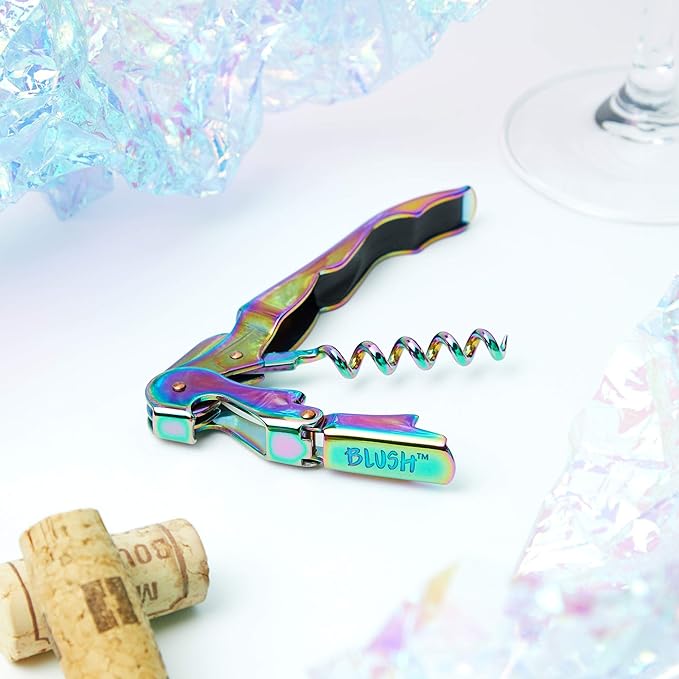 Blush Mirage Iridescent Double Hinged Corkscrew Wine Opener with Built-in Beer Bottle Opener, Stainless Steel Wine Key with Foil Cutter, Home Bar Gifts for Women, Bridesmaid Gifts, Kitchen and Travel
