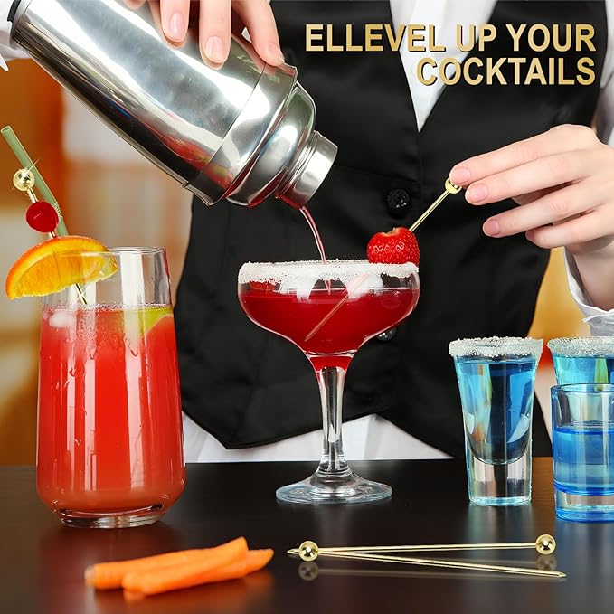 15PCS Gold Cocktail Picks for Drinks, Stainless Steel Fancy Cocktail Toothpicks, Reusable Metal Cocktail Skewers, 4.3 IN Party Garnish Sticks Martini Picks for Olives Appetizers Fruit Bloody Mary
