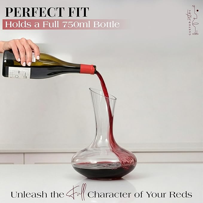 Gusto Nostro Crystal Wine Decanter Set with Drying Stand, Corkscrew, Marble Stopper, Cleaning Beads - 750ml Hand Blown Glass Wine Carafe Decanter with Stopper - Luxury Gift Set for Decanting Red Wines