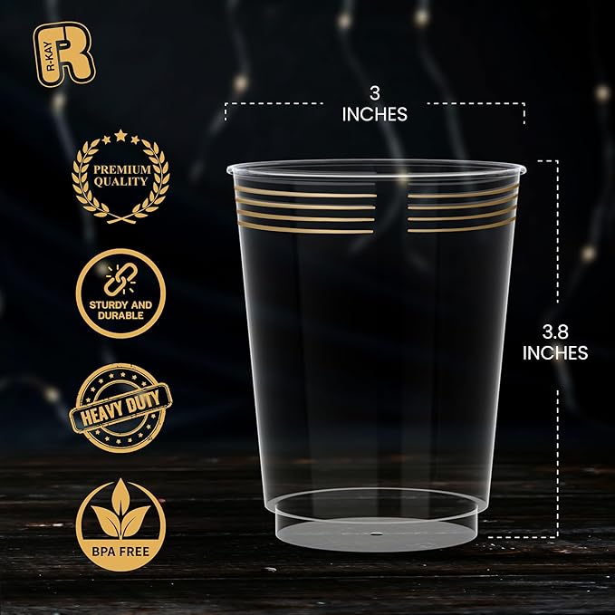 50 Pack Gold Plastic Cups For Party - 10 Oz Clear Party Cups Disposable - Hard Disposable Cups - Premium Heavy Duty Gold Cups - Disposable Cocktail Glasses - Plastic Glasses / Plastic Cocktail Glasses
