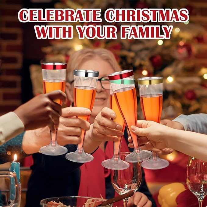 Jingmore 36 Pcs Plastic Champagne Flutes 4.5 oz Clear Disposable Wine Glasses Cocktail Cup Champagne Glass for Wedding Graduation Summer Party Favor Mimosa Bar Supplies (Green,Red,Silver,Gold)